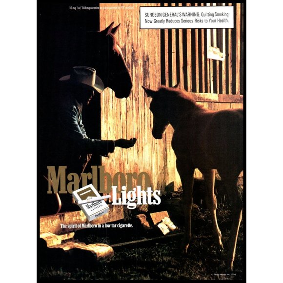 Marlboro | Art | 988 Marlboro Cigarettes Vintage Print Ad White Shirt Cowboy Hat Horse Stall Art